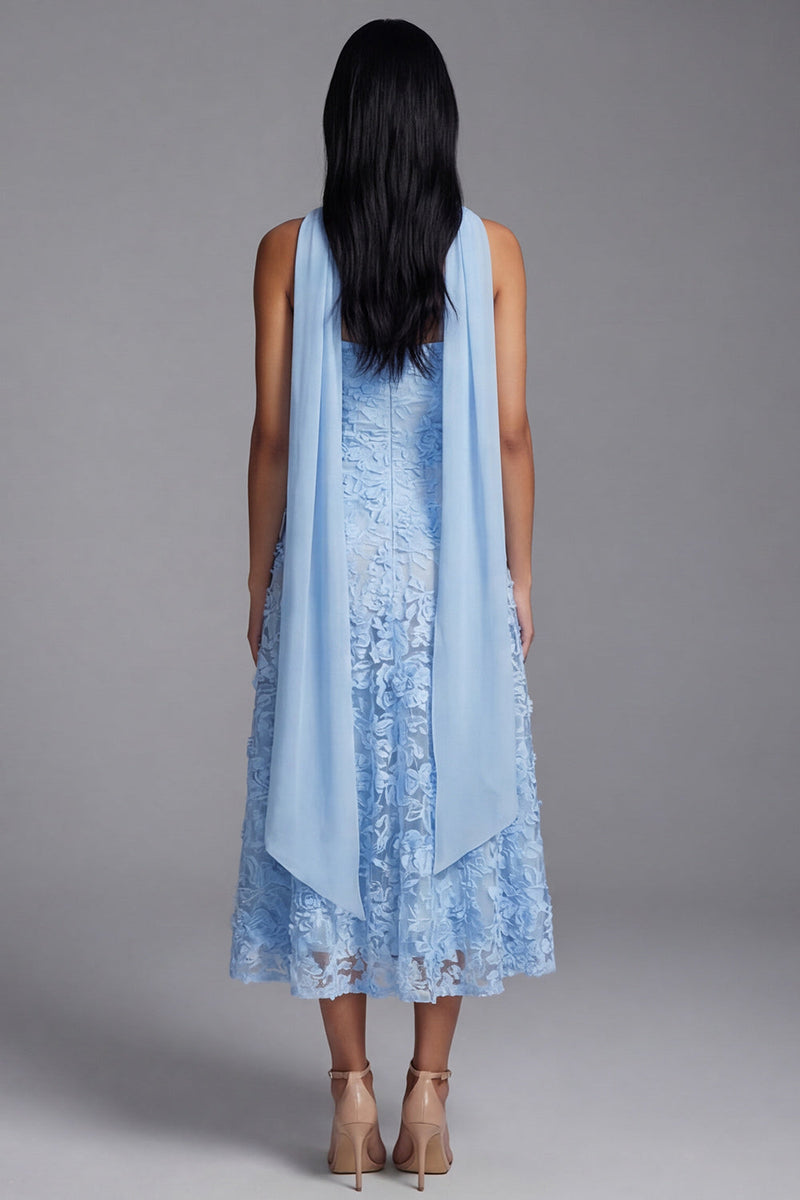 Load image into Gallery viewer, A Line Blue Strapless Floral Neck Scarf Maxi Wedding Guest Dress