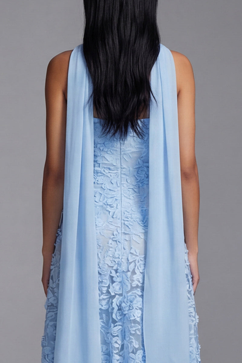 Load image into Gallery viewer, A Line Blue Strapless Floral Neck Scarf Maxi Wedding Guest Dress