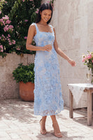 Load image into Gallery viewer, Floral Square Neck A Line Blue Maxi Wedding Guest Dress