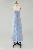 Load image into Gallery viewer, Floral Square Neck A Line Blue Maxi Wedding Guest Dress