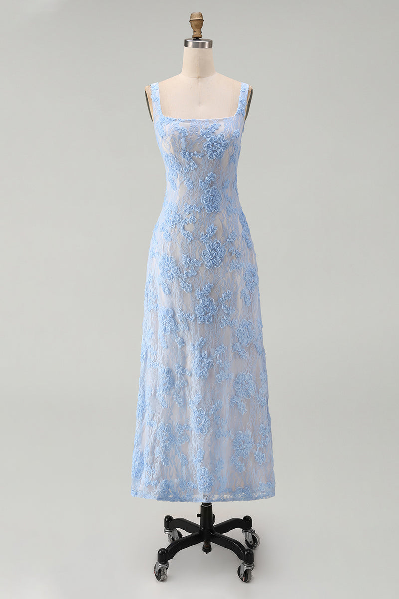 Load image into Gallery viewer, Floral Square Neck A Line Blue Maxi Wedding Guest Dress