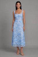 Load image into Gallery viewer, Floral Square Neck A Line Blue Maxi Wedding Guest Dress