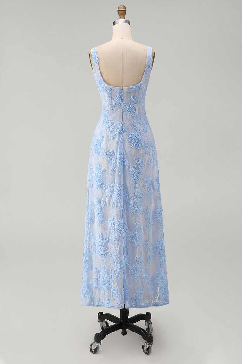 Load image into Gallery viewer, Floral Square Neck A Line Blue Maxi Wedding Guest Dress