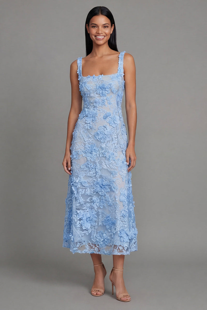Load image into Gallery viewer, Floral Square Neck A Line Blue Maxi Wedding Guest Dress