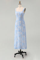 Load image into Gallery viewer, Floral Square Neck A Line Blue Maxi Wedding Guest Dress
