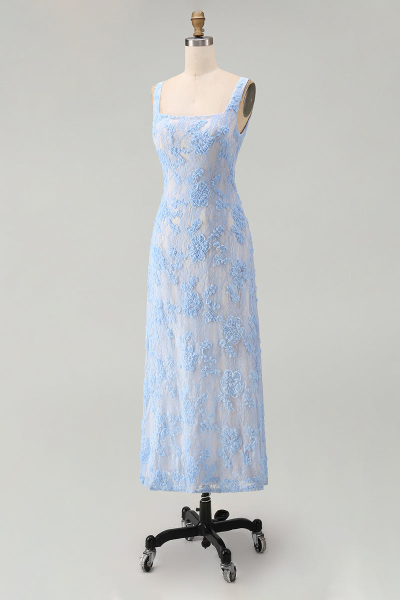 Load image into Gallery viewer, Floral Square Neck A Line Blue Maxi Wedding Guest Dress