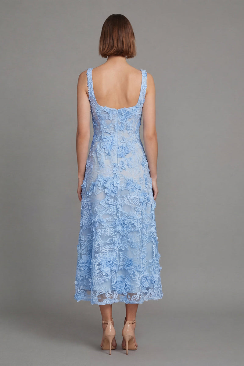 Load image into Gallery viewer, Floral Square Neck A Line Blue Maxi Wedding Guest Dress