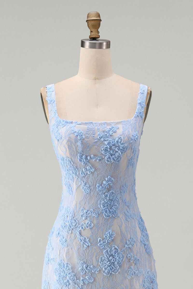 Load image into Gallery viewer, Floral Square Neck A Line Blue Maxi Wedding Guest Dress