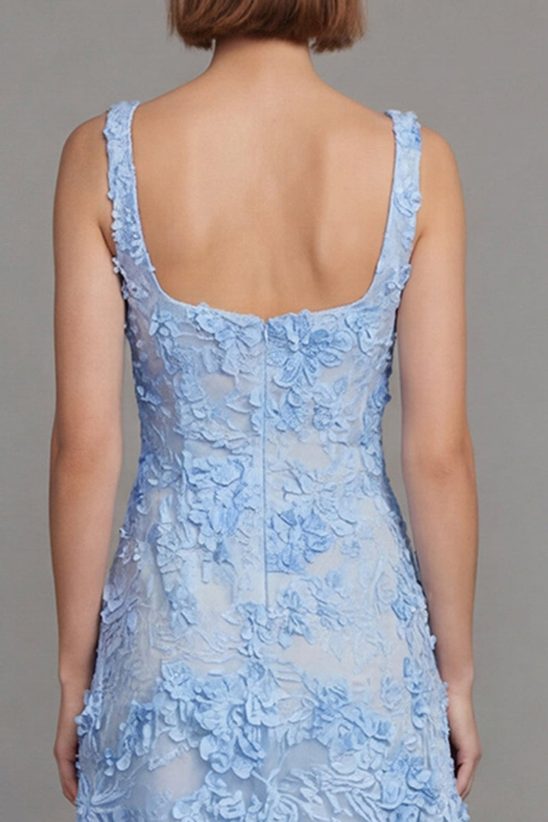 Load image into Gallery viewer, Floral Square Neck A Line Blue Maxi Wedding Guest Dress