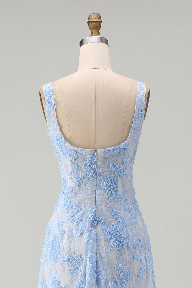 Load image into Gallery viewer, Floral Square Neck A Line Blue Maxi Wedding Guest Dress