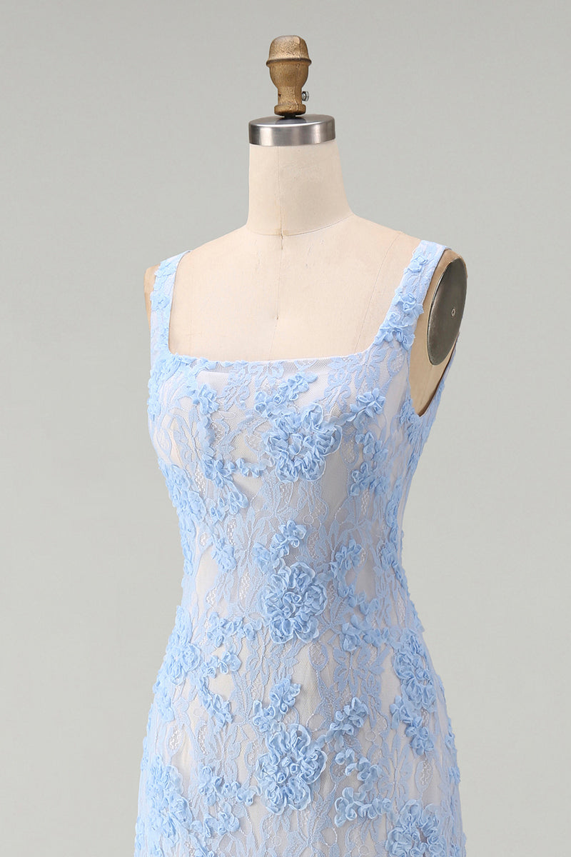 Load image into Gallery viewer, Floral Square Neck A Line Blue Maxi Wedding Guest Dress