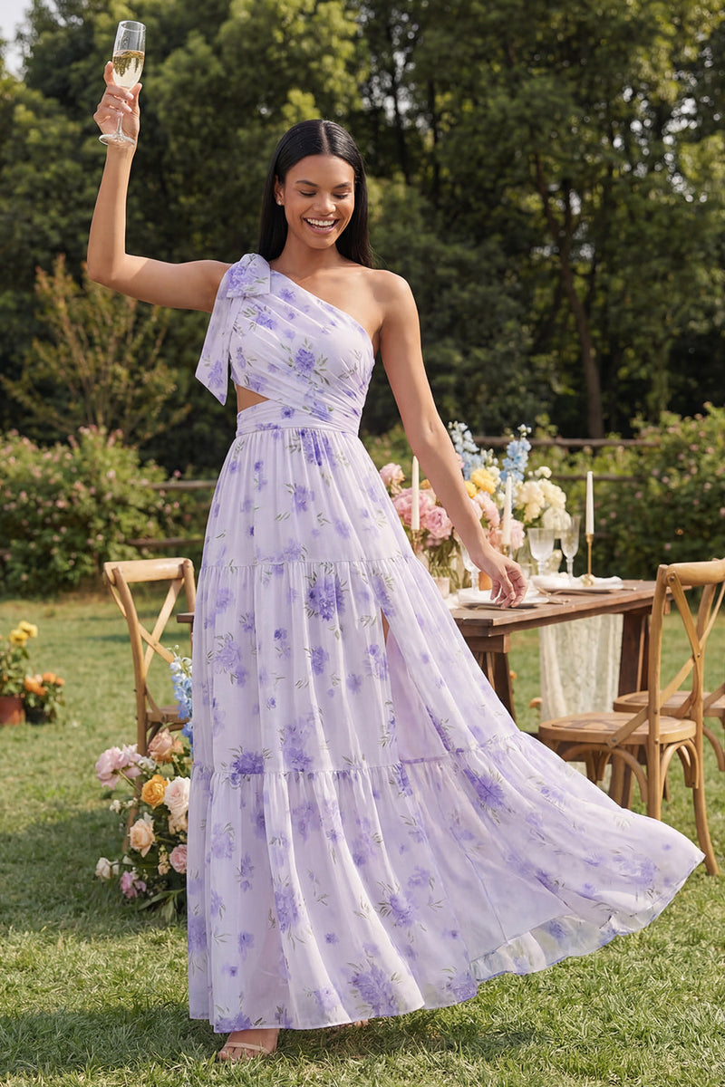 Load image into Gallery viewer, Floral Maxi Ruched Lilac A Line Beach Wedding Guest Dress with Slit