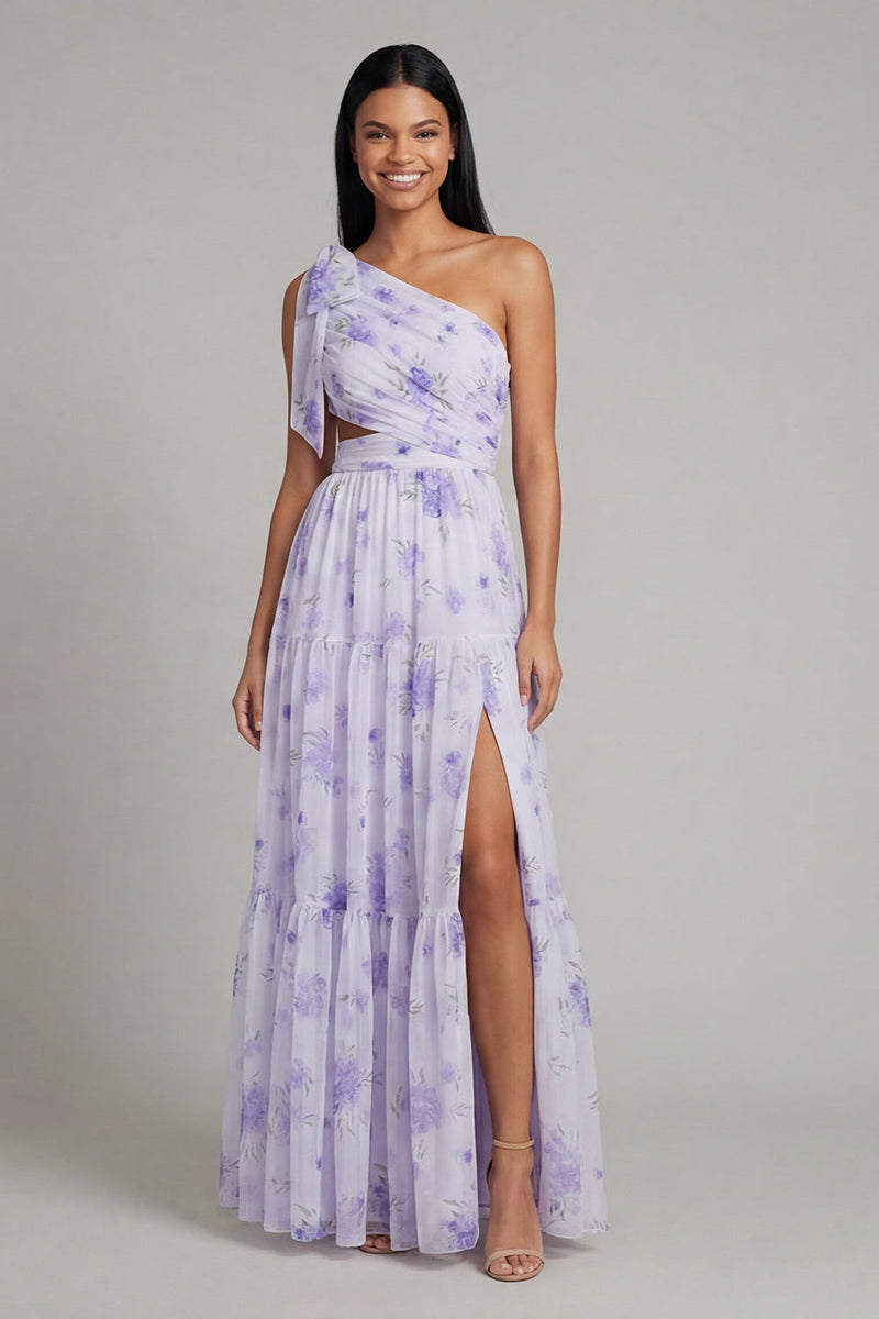 Load image into Gallery viewer, Floral Maxi Ruched Lilac A Line Beach Wedding Guest Dress with Slit