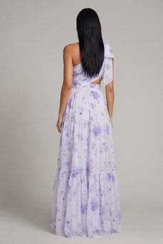 Floral Maxi Ruched Lilac A Line Beach Wedding Guest Dress with Slit
