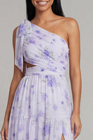 Load image into Gallery viewer, Floral Maxi Ruched Lilac A Line Beach Wedding Guest Dress with Slit