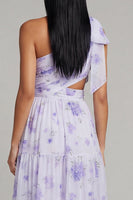 Load image into Gallery viewer, Floral Maxi Ruched Lilac A Line Beach Wedding Guest Dress with Slit