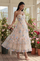 Load image into Gallery viewer, Champagne Floral Ruched Maxi A Line Beach Wedding Guest Dress with Ruffles