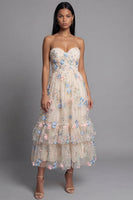 Load image into Gallery viewer, Champagne Floral Ruched Maxi A Line Beach Wedding Guest Dress with Ruffles