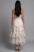 Load image into Gallery viewer, Champagne Floral Ruched Maxi A Line Beach Wedding Guest Dress with Ruffles