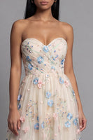 Load image into Gallery viewer, Champagne Floral Ruched Maxi A Line Beach Wedding Guest Dress with Ruffles
