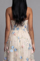 Load image into Gallery viewer, Champagne Floral Ruched Maxi A Line Beach Wedding Guest Dress with Ruffles
