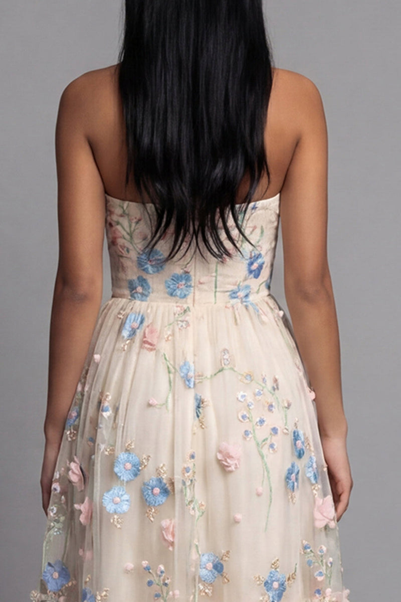 Load image into Gallery viewer, Champagne Floral Ruched Maxi A Line Beach Wedding Guest Dress with Ruffles
