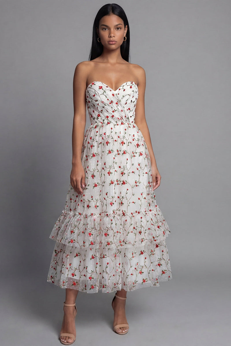 Load image into Gallery viewer, Champagne Floral Ruched Maxi A Line Beach Wedding Guest Dress with Ruffles