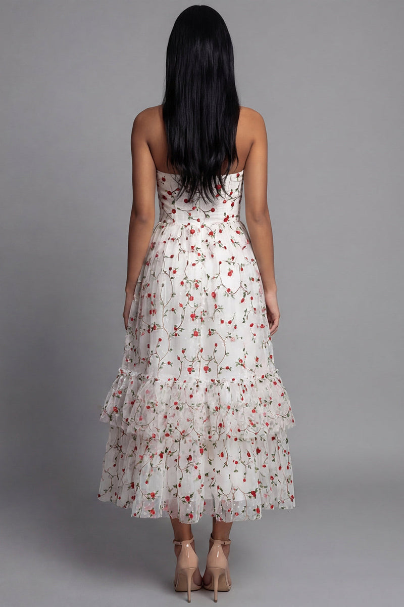 Load image into Gallery viewer, Champagne Floral Ruched Maxi A Line Beach Wedding Guest Dress with Ruffles