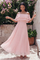 Load image into Gallery viewer, Pink Maxi Ruffled A Line Beach Wedding Guest Dress with Pleats