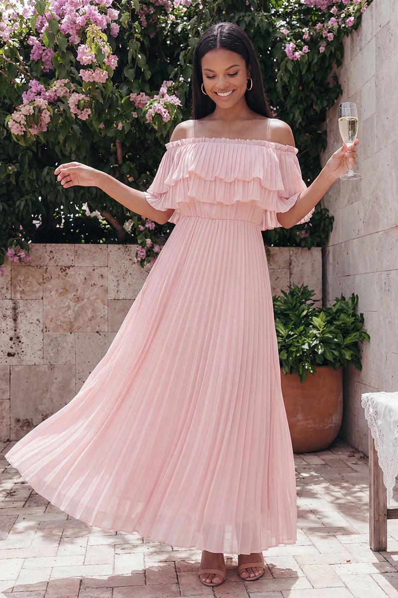 Load image into Gallery viewer, Pink Maxi Ruffled A Line Beach Wedding Guest Dress with Pleats