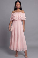 Load image into Gallery viewer, Pink Maxi Ruffled A Line Beach Wedding Guest Dress with Pleats