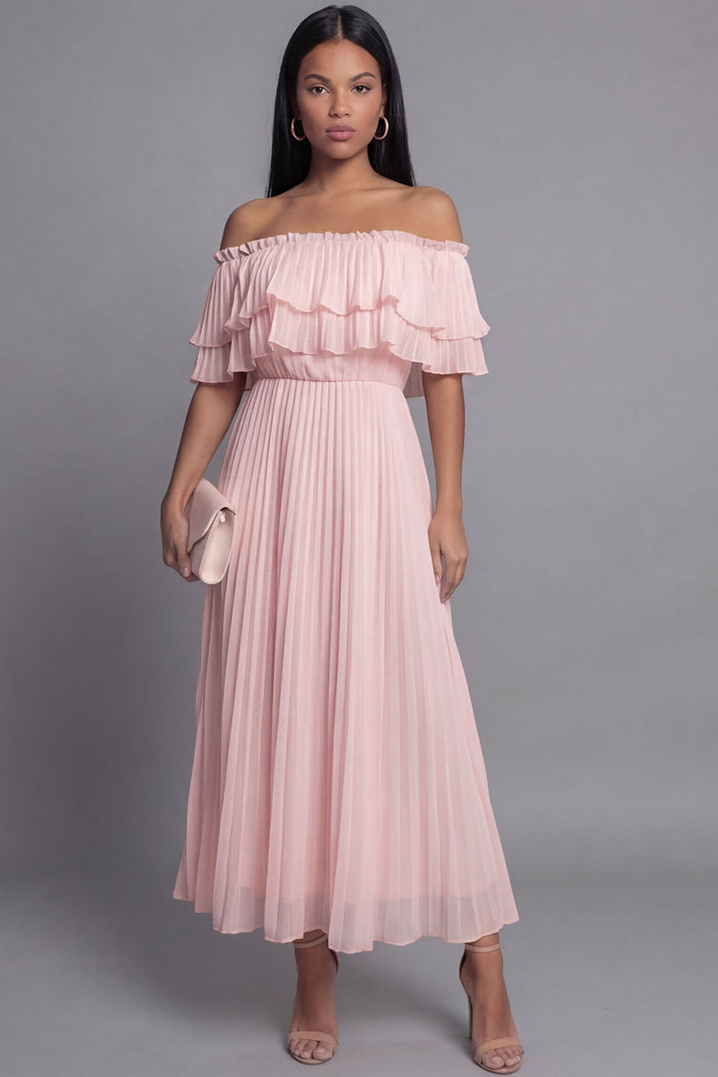 Load image into Gallery viewer, Pink Maxi Ruffled A Line Beach Wedding Guest Dress with Pleats