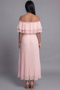 Pink Maxi Ruffled A Line Beach Wedding Guest Dress with Pleats