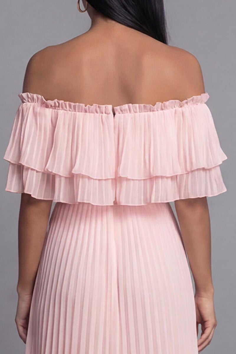 Load image into Gallery viewer, Pink Maxi Ruffled A Line Beach Wedding Guest Dress with Pleats