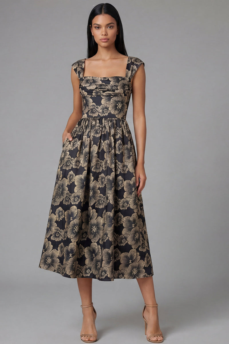 Load image into Gallery viewer, Gold Square Neck Floral Maxi A Line Wedding Guest Dress