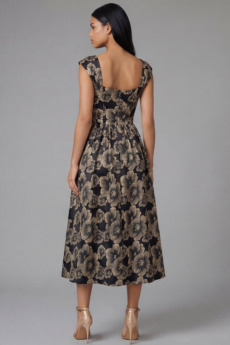 Load image into Gallery viewer, Gold Square Neck Floral Maxi A Line Wedding Guest Dress