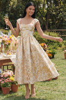 Load image into Gallery viewer, Gold Square Neck Floral Maxi A Line Wedding Guest Dress