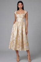 Load image into Gallery viewer, Gold Square Neck Floral Maxi A Line Wedding Guest Dress