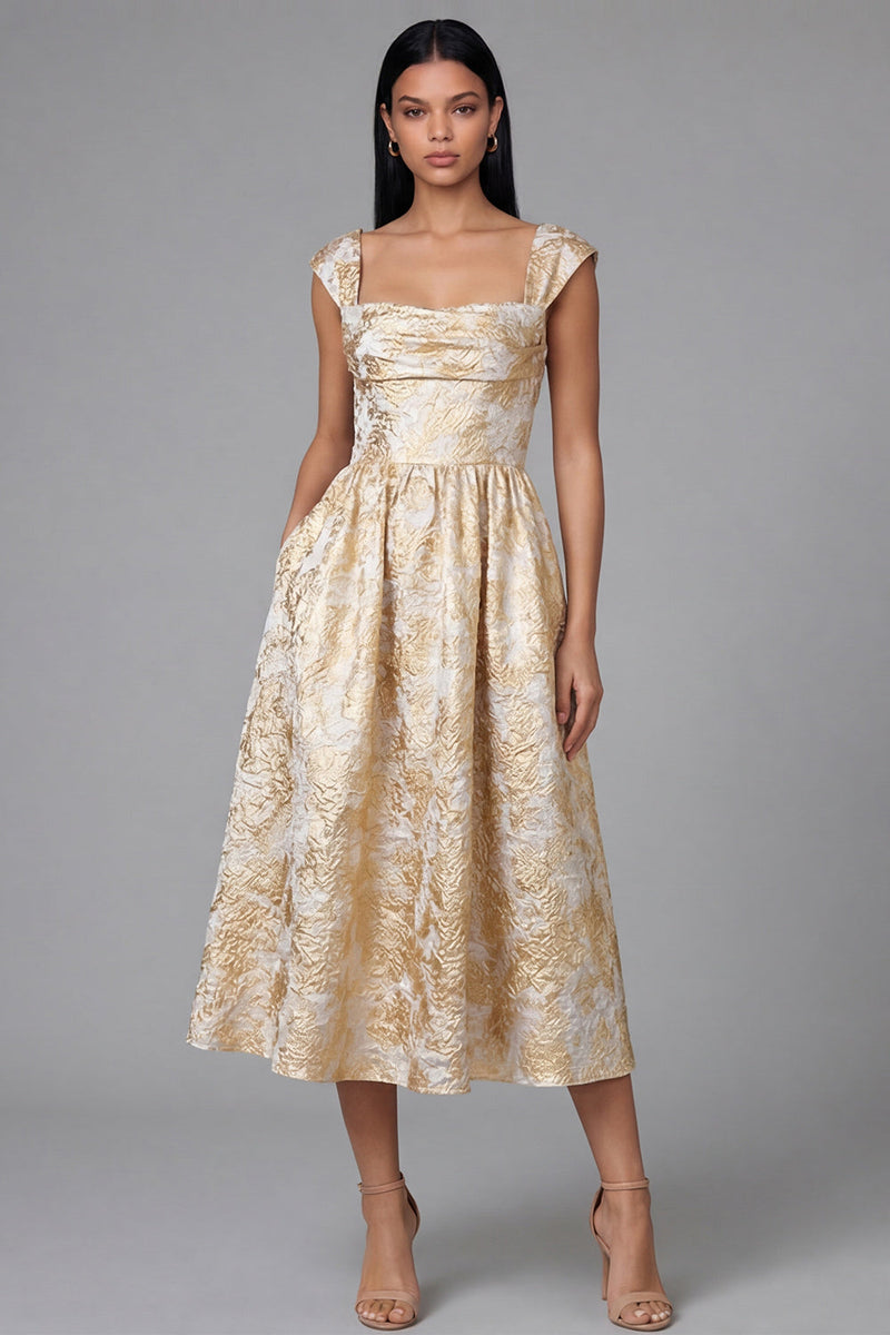 Load image into Gallery viewer, Gold Square Neck Floral Maxi A Line Wedding Guest Dress