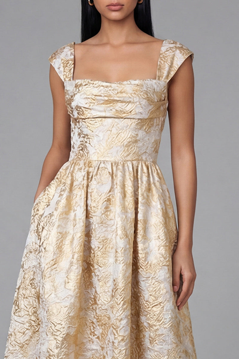 Load image into Gallery viewer, Gold Square Neck Floral Maxi A Line Wedding Guest Dress