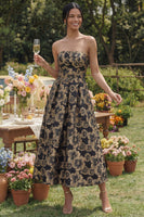 Load image into Gallery viewer, Maxi A Line Gold Floral Strapless Wedding Guest Dress