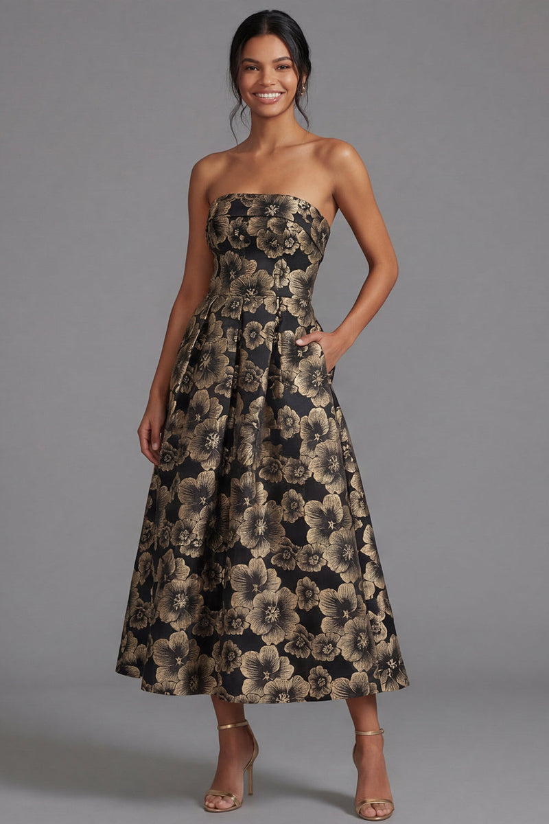 Load image into Gallery viewer, Maxi A Line Gold Floral Strapless Wedding Guest Dress