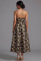 Load image into Gallery viewer, Maxi A Line Gold Floral Strapless Wedding Guest Dress