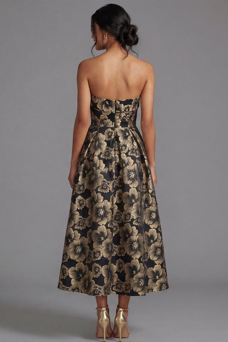 Load image into Gallery viewer, Maxi A Line Gold Floral Strapless Wedding Guest Dress