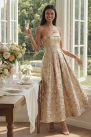 Load image into Gallery viewer, Maxi A Line Gold Floral Strapless Wedding Guest Dress