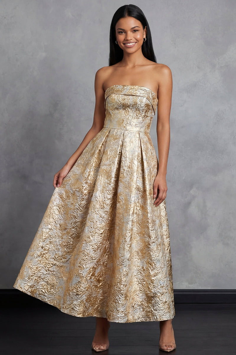 Load image into Gallery viewer, Maxi A Line Gold Floral Strapless Wedding Guest Dress