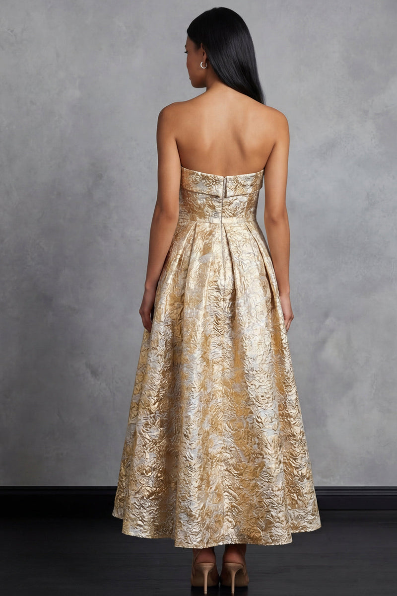 Load image into Gallery viewer, Maxi A Line Gold Floral Strapless Wedding Guest Dress