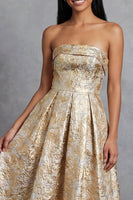 Load image into Gallery viewer, Maxi A Line Gold Floral Strapless Wedding Guest Dress