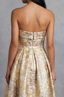 Load image into Gallery viewer, Maxi A Line Gold Floral Strapless Wedding Guest Dress