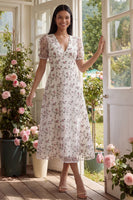 Load image into Gallery viewer, White Pink Flower Maxi V-Neck A Line Beach Wedding Guest Dress